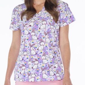 NWT Women’s Large Purple Bunnies Print Scrubfinity Stretch PerformX Scrub Top